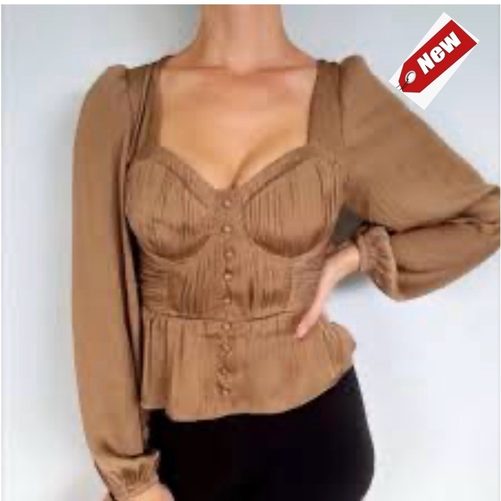 Joie tan satin corset button balloon puff sleeve cut out tie back blouse S NWT